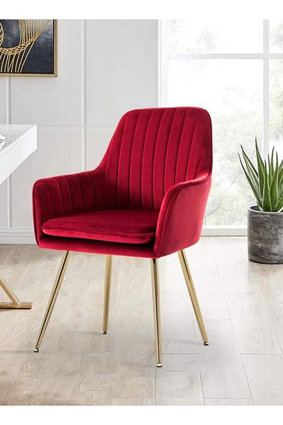 Taimi Set of 2 Modern Accent Dining Chair, Armchair with Golden Finished Metal Legs, Red