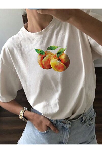Jose Clothing Women's White Self Patterned Crew Neck Oversize Cut T-Shirt