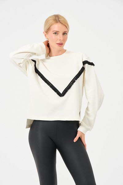Maon Women's Oversize Soft Textured Tassel Detailed Sweatshirt - Cream