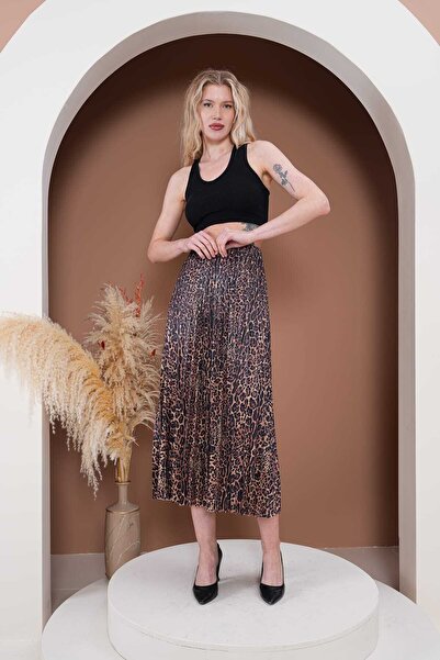 medipek Pliseli Kadın Etek,leopar Desenli Saten Etek