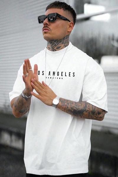 cc collection تي شيرت رجالي كبير الحجم مطبوع عليه لوس أنجلوس داون تاون