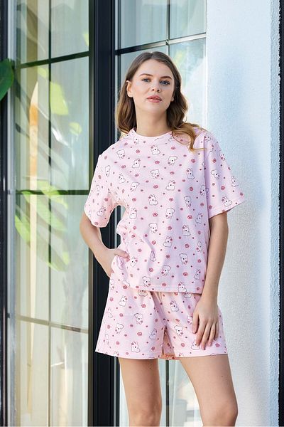 Aydoğan Aydoğan Women's Oversize Cotton Pajamas Set - Short Sleeve Shorts, Rabbit Print Powder