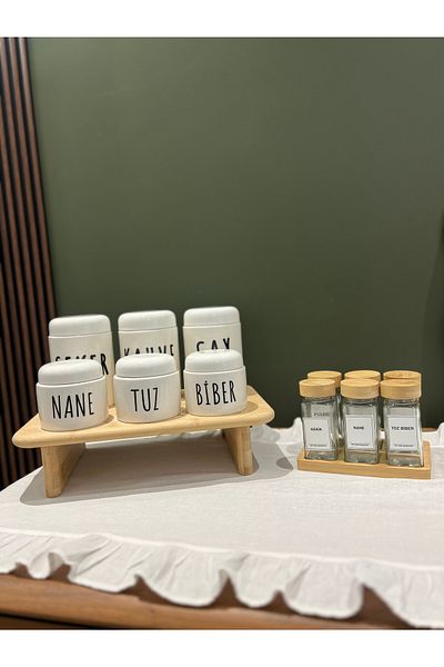 Sade Hediye Porcelain Spice Rack Set with Stand/Spice Rack with 6 Bamboo Stands