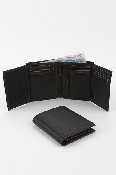 Fossil Boxed Genuine Leather Vertical Stitching Black Hand Portfolio Card Holder Wallet