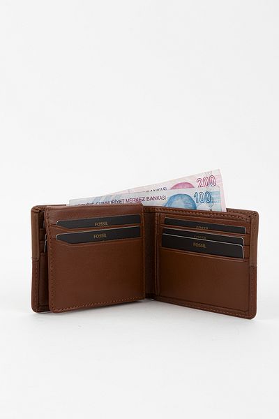 Fossil Boxed Genuine Leather Horizontal Stitched Tan Hand Portfolio Card Holder Wallet
