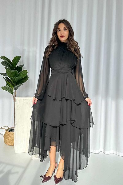 Mine Tan Butik Chiffon Lined Floor-Length Women's Dress - Black