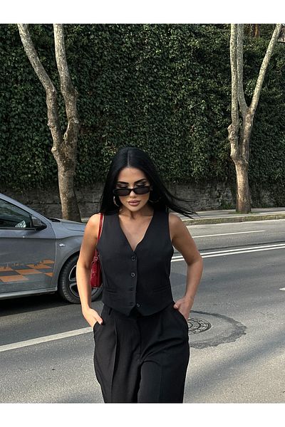 LB Laluna Butik Set vestă neagră și pantaloni Palazzo plisați cu talie înaltă de damă