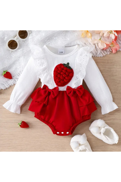 darko Çilek Kırmızı Beyaz Çıtçıtlı Kurdeleli Tulum Uzun Kollu Zıbın Sevimli Kız Bebek Bayramlık