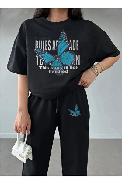 Pink Sky Καλοκαιρινή φόρμα με μαύρη στάμπα με πεταλούδα