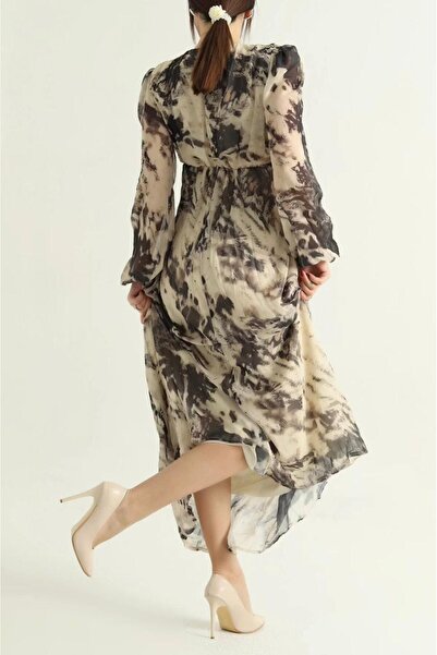 Violeta Kadın Astarlı Vatkalı Leopar Desen Gold Detay Kemerli Balon Kol Uzun Şifon Elbise