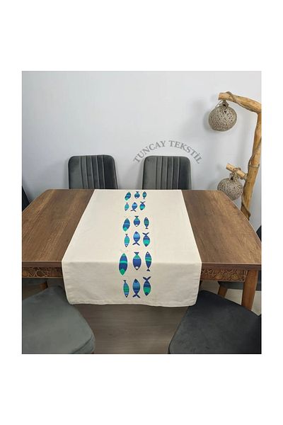 TUNCAY TEKSTİL Blue Fish Printed Linen Runner - Față de masă din in de lucru Ranir Fish Buldan
