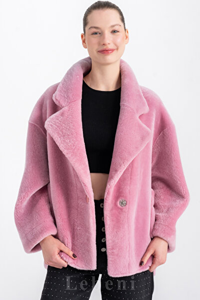 Lebeni Kadın Oversize Pudra Pembe Hakiki Koyun Kürkü Ceket – Çift Yaka Peluş Tek Düğmeli