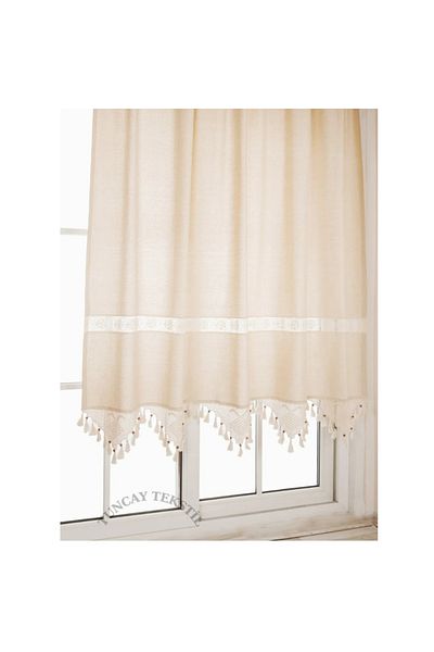 TUNCAY TEKSTİL Plain Linen Curtain Natural Cotton Handcrafted Lacy Woven Sunshade Cross Stitch Marine Buldan - Basement