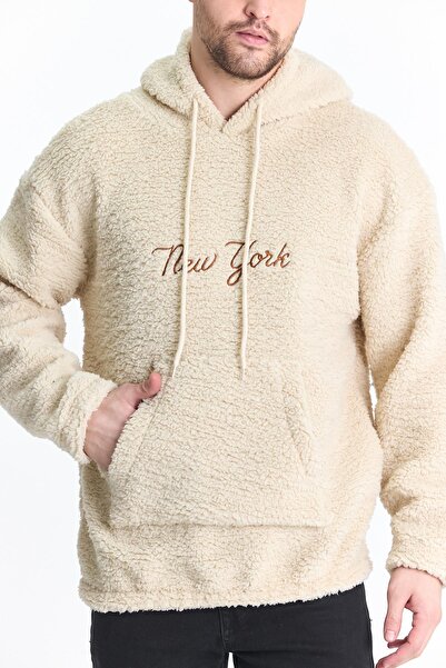 DAMGA JEANS Erkek Kanguru Cepli Krem Kapşonlu Sweatshirt