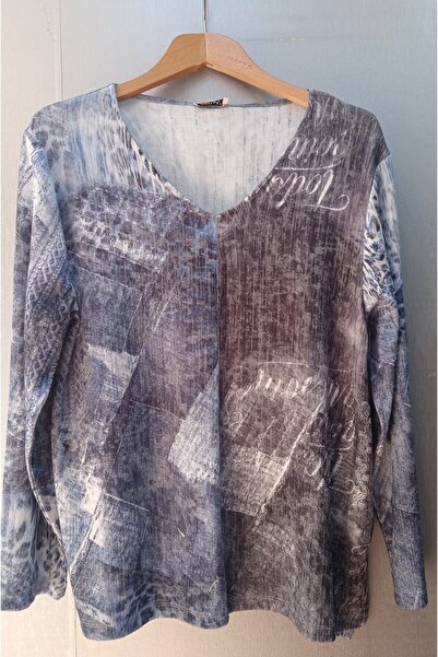 Whip Design Büyük Beden Leopar Desen Baskılı İndigo Renk Bluz