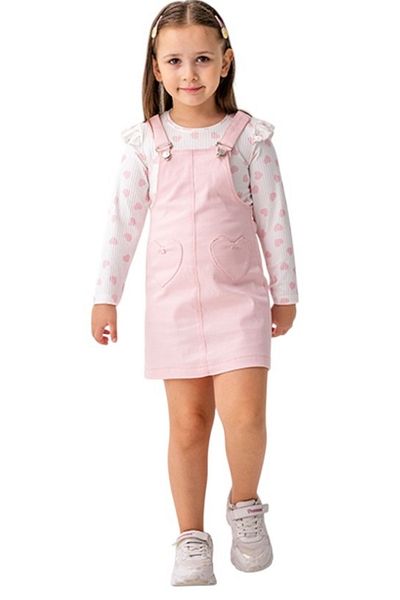 İrem Çocuk Giyim Girl's Heart Patterned Badili Prembe Color Linen Salopet Set
