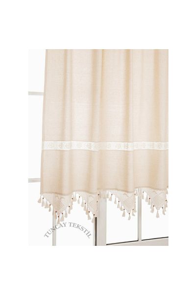 TUNCAY TEKSTİL Plain Linen Curtain Natural Cotton Handcrafted Lacy Woven Sunshade Cross Stitch Marine Buldan - Basement