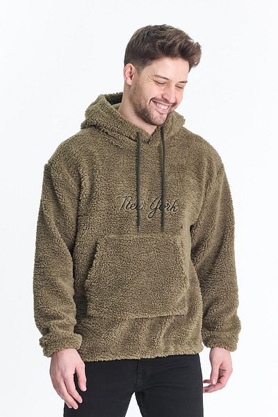 DAMGA JEANS Ανδρικό φούτερ με κουκούλα χακί με τσέπη καγκουρό
