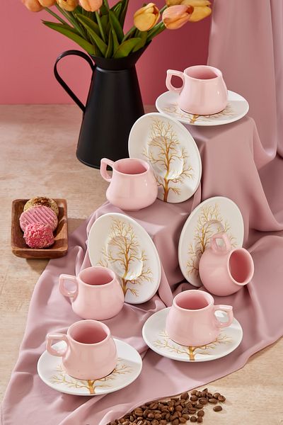 Babion Plump Ginkgo 12 Piece Luxury Ceramic Lilac Coffee Cup Set for 6 People, Turkish Coffee Cup