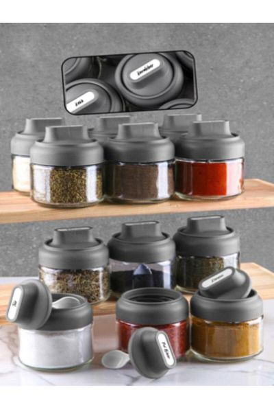 abenim 3-Piece Spice Holder Set with Matte Lid and Spoon - 330 ml - Glass Jar