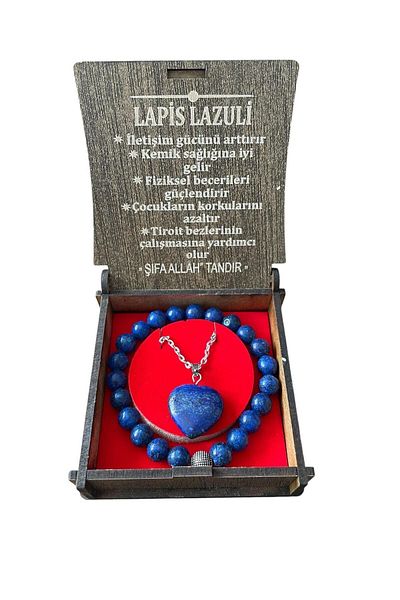 Sobe Hediyelik Lapis Lazuli Stone Necklace Bracelet Set with Special Wooden Box Natural Stone