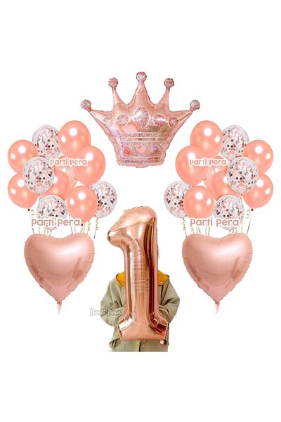 parti pera 1 an de vârstă, aur roz, inimă, balon din folie, număr, balon din folie, buchet de baloane, set de baloane pentru ziua de naștere, folie de coroană