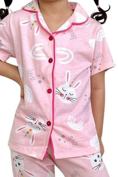 EQRU Girl's Shirt Neck Short Sleeve Buttoned Rabbit Print Pink Pajamas Set