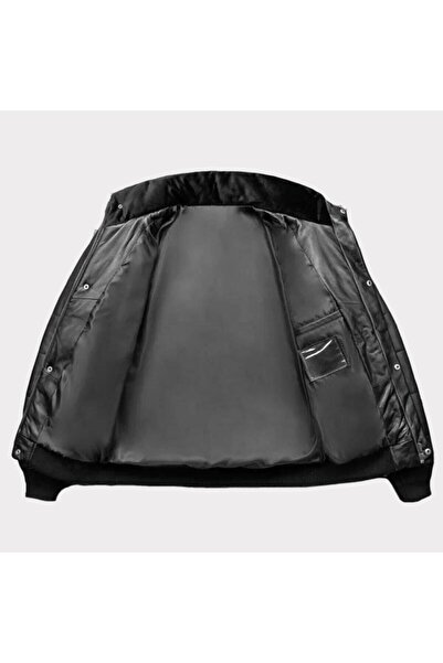 Defelli Erkek Siyah Şişme Hakiki Deri Mont