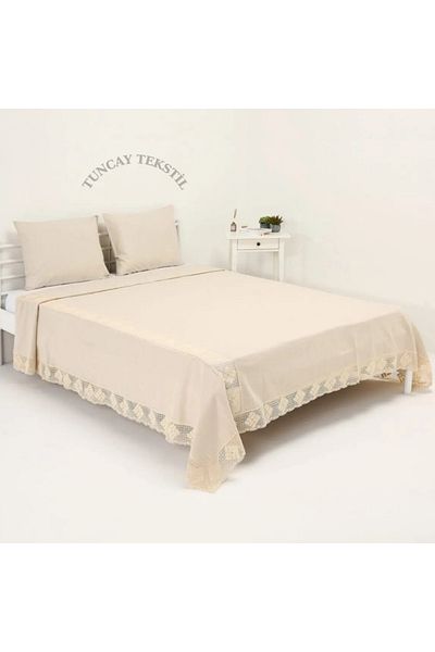 TUNCAY TEKSTİL Cream Cotton Natural Natural Pique Linen Double Bedspread
