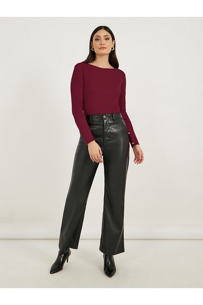 Styli Rib Knit Cuffed Sleeve Top with Button Detail