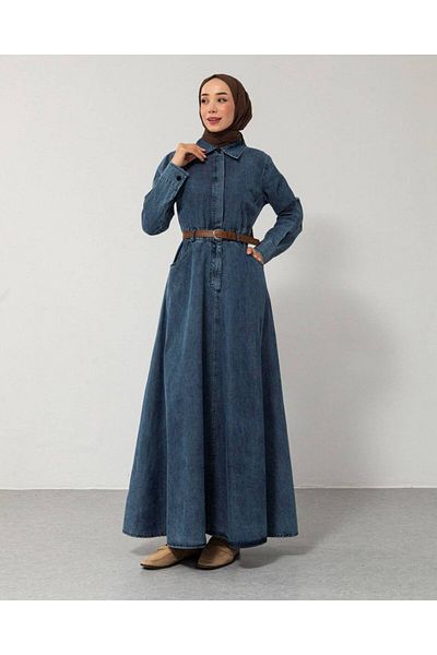 lariva Hijab Clothing. Belted Shirt Neck Long Jeans Dress with Buttons on Collar