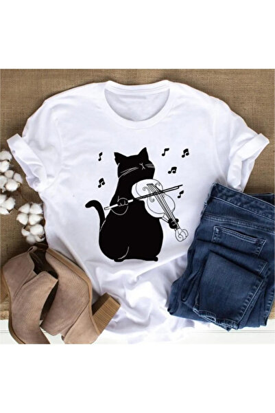 FECCY Tricou de damă din bumbac cu imprimeu pisici