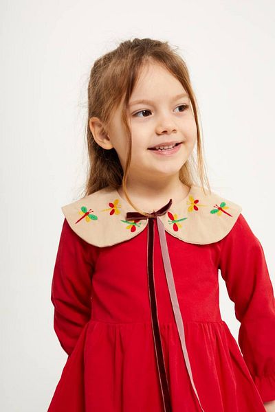 PaytoKids Red and Cream Girls' Dress with Embroidery and Lacing Detail
