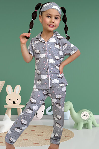 EQRU Girls' Shirt Collar Short Sleeve Buttoned Lamb and Cloud Print Pajamas Set
