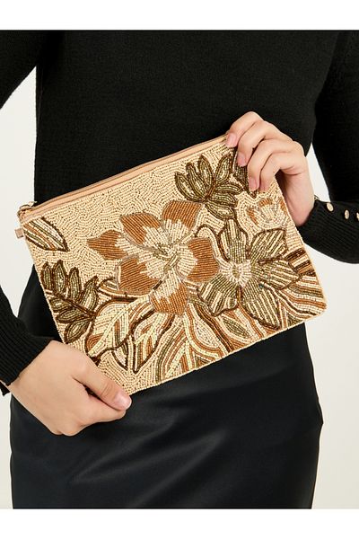 Styli Floral Embellished Clutch with Detachable Chain Strap