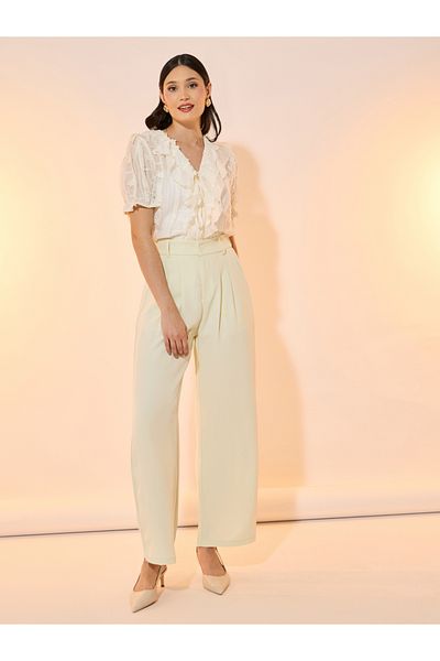 Styli Solid Mid Rise Pleat Front Detail Relaxed Fit Pants