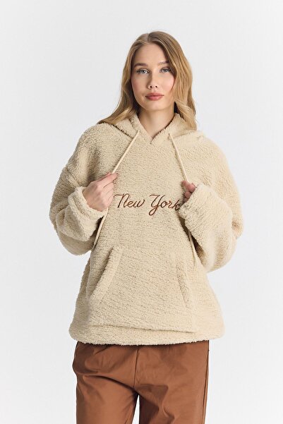 DAMGA JEANS Women's Oversize Pocket Cream Hooded Sweatshirt