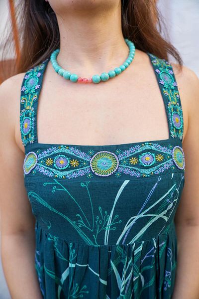 Miss Boheme Square Neck Smoked Green Embroidered Bohemian Dress
