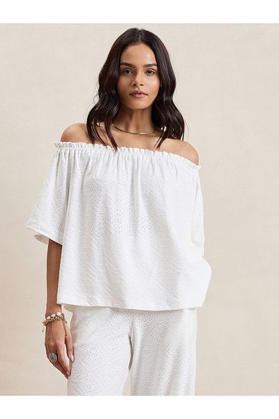 Femmella By Styli Knitted Schiffli Off Shoulder Neck Top