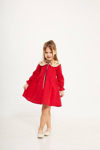 PaytoKids Red and Cream Girls' Dress with Embroidery and Lacing Detail