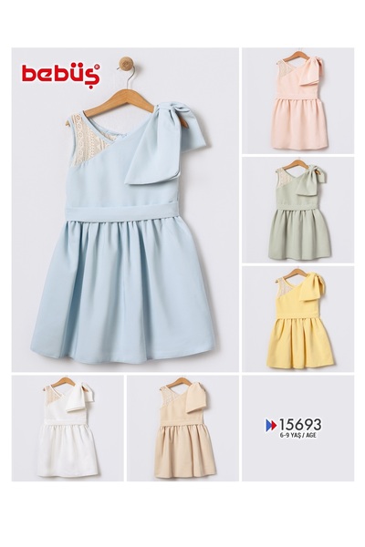 Bebüş Big Bow and Lace Detail Thick Straps Pleated Flared Cutout Sleeveless Beige Girl's Dress 15693