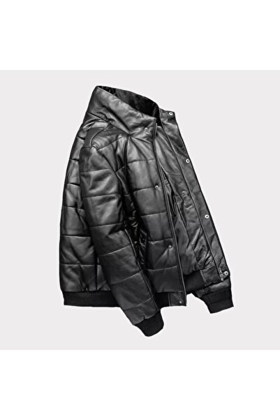 Defelli Erkek Siyah Şişme Hakiki Deri Mont