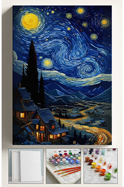 Sulepas Sayılarla Boyama Çerçeveli Hobi Seti Numaralı Tuval Fırça Boya Kasnaklı YILDIZLI GECE KÖY 40X50 Cm