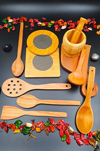 SWENCRAFT Wooden Kitchen Serving Spoon Spatula Ladle Havan Trivet Colander Set of 10 Dowry Special for Mothers