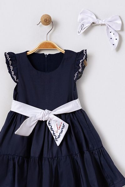 Bebüş Girls' Dress with Dark Blue Embroidery Detail - Pleated Flared Cutout, Buckle Gift 15613