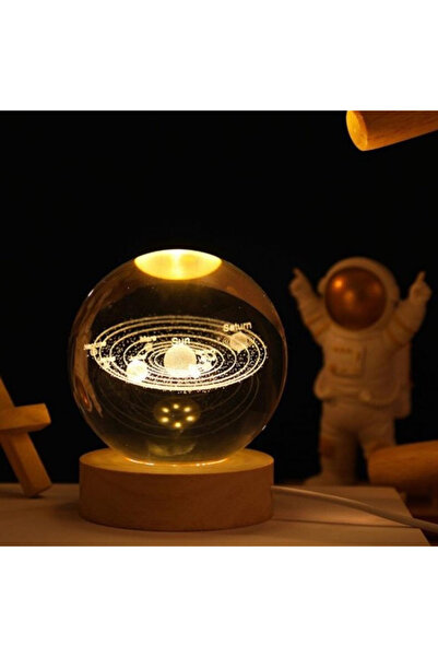 Sensoria 3d Led Işıklı Ahşap Standlı Güneş Sistemi Cam Küre Dolunay Lamba Kar...