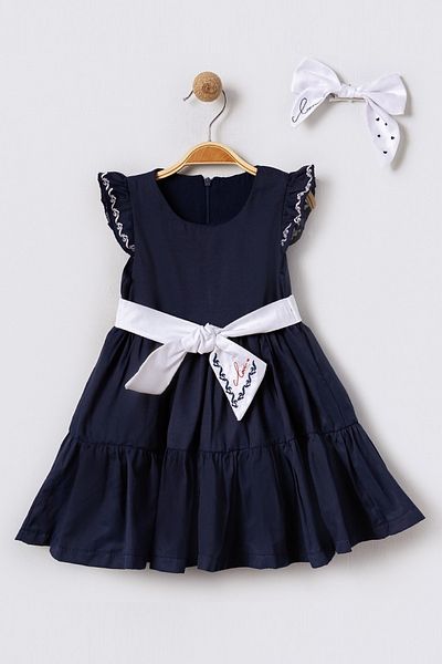 Bebüş Girls' Dress with Dark Blue Embroidery Detail - Pleated Flared Cutout, Buckle Gift 15613