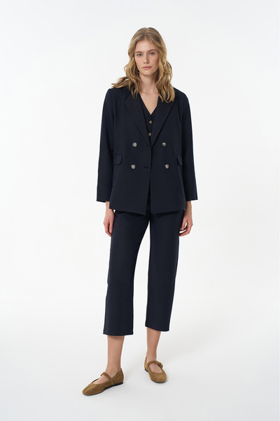 Quzu Kruvaze Yaka Çift Düğmeli Blazer Ceket Lacivert