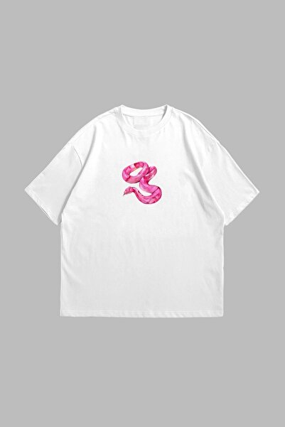 Ferhatlı Tricou supradimensionat alb cu imprimeu șarpe roz de damă