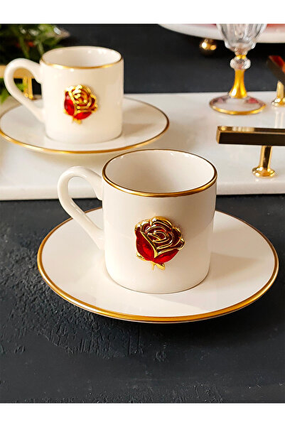 REGNA HOME Fine Living Love Roses 4-Piece 2-Person Gilded Porcelain Coffee Cup Set